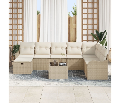 Set de Sofá de Jardín de 9 Piezas con Cojines Beige de Ratán Sintético