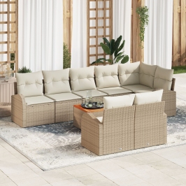 Conjunto de Sofás de Jardín  de 9 piezas con Cojines Beige de Polirratán Acacia