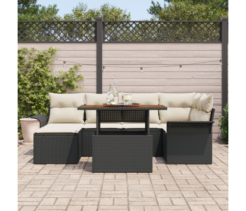 Conjunto de Comedor de Jardín de 7 Piezas con Cojines Negro Poliratán