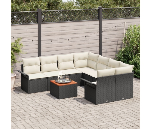 Set de Sofás de Jardín  de 9 Piezas con Cojines Negro Polirratán Acacia
