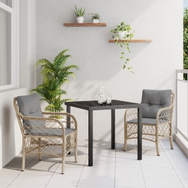 Juego de Comedor de Jardín de 3 Piezas con Cojines Beige Poliratán