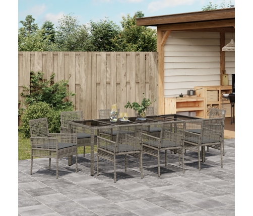 Conjunto de Comedor de Jardín de 9 Piezas con Cojines Gris de Poliratán