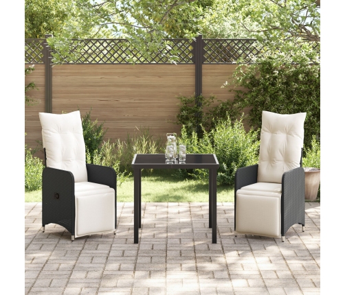 Set de Comedor de Jardín de 3 Piezas con Cojines de  Poliratán Negro
