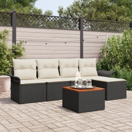 Conjunto de Sofá de Jardín  6 Piezas Negro y crema Ratán poliéster
