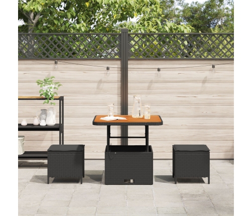 Conjunto de Comedor de Jardín de 3 Piezas con Cojines Negro de Ratán de Poliéster y Acacia