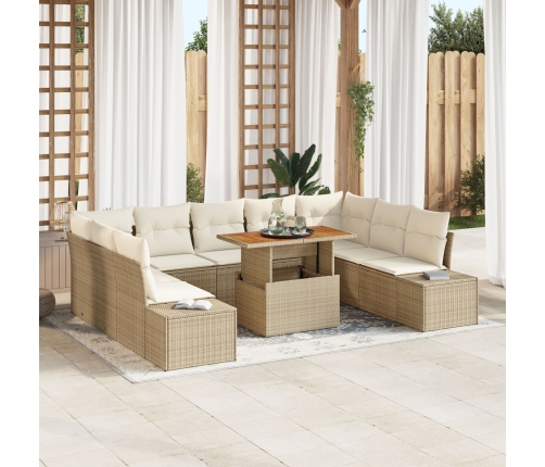 Juego de Sofá de Jardín de 10 Piezas con Cojines Beige Poliratán