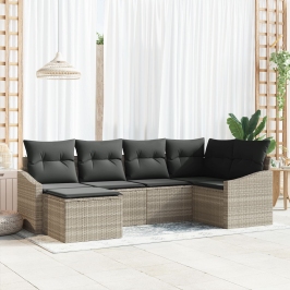 Set de Comedor de Jardín de 6 Piezas con Cojines Ratán Poliéster Gris Claro