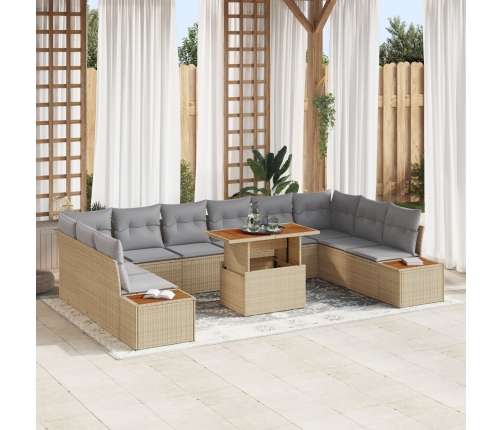 Set de Comedor de Jardín de 11 Piezas con Cojines Beige Ratán Poliéster
