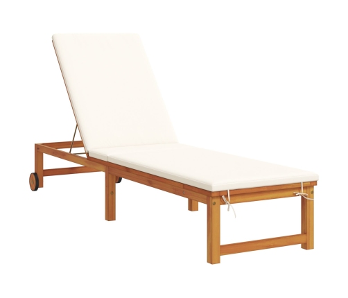 Tumbona con Mesa y Cojín de Madera Sólida de Acacia,  Tumbona con Cojines Crema de Madera Sólida de Acacia,  Mesa Lateral de Jardín 35x35x34 cm de Madera Sólida de Acacia