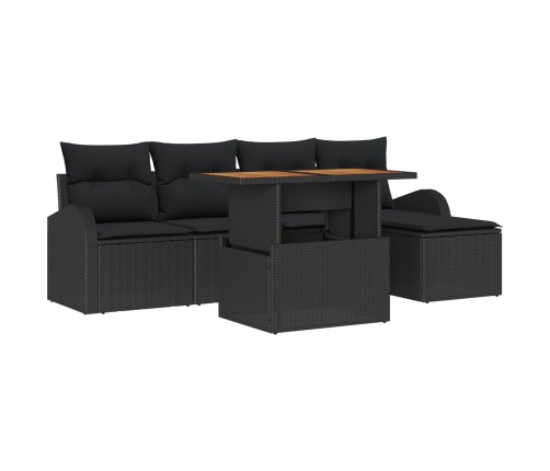 Set de comedor de jardín de 6 piezas con cojines, ratán negro y acacia