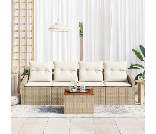 Conjunto de Sofás de 5 Piezas con Cojines Beige Poliratán Acacia