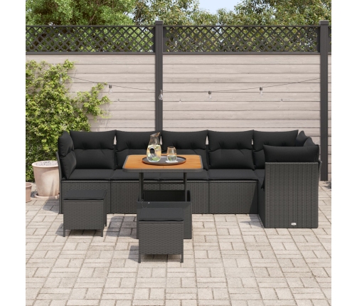 Set de Sofá de Jardín  de 9 Piezas con Cojines Negro Ratán Polipropileno Acacia, Set de Comedor de Jardín  de 3 Piezas con Cojines Negro Ratán Polipropileno Acacia