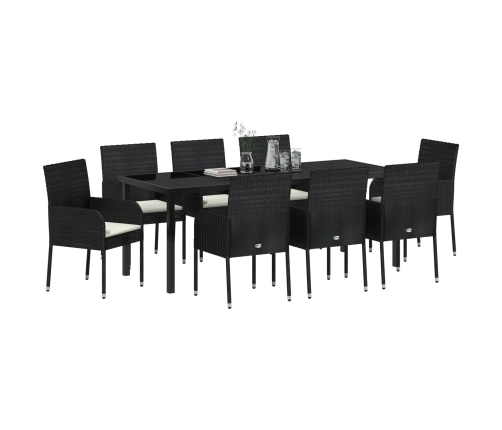Juego de Comedor de Jardín de 9 Piezas  con Cojines Negro Poliratán