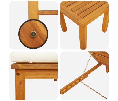 Tumbona con Mesa y Cojín de Madera Sólida de Acacia,  Tumbona con Cojines Crema de Madera Sólida de Acacia,  Mesa Lateral de Jardín 35x35x34 cm de Madera Sólida de Acacia