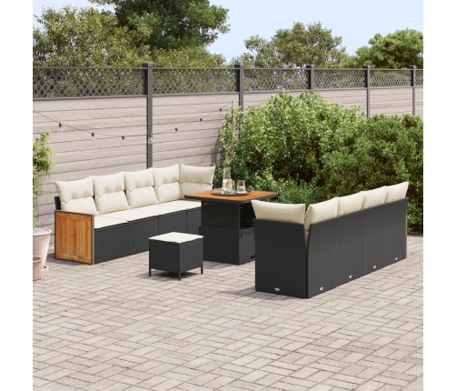 Juego de Sofás de Jardín de 11 Piezas con Cojines Negro Poliratán Acacia,  Sofá de Jardín de 2 Plazas con Cojines Negro Poliratán,  Juego de Comedor de Jardín de 3 Piezas con Cojines Negro Poliratán Acacia