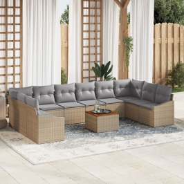 Conjunto de Sofá de Jardín de 11 Piezas con Cojines Beige Poliratan Acacia