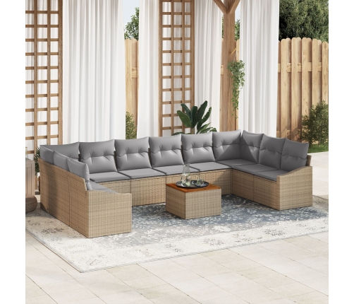 Conjunto de Sofá de Jardín de 11 Piezas con Cojines Beige Poliratan Acacia