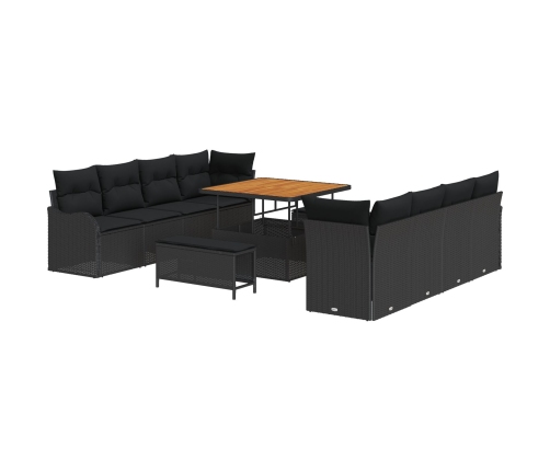 Set de Sofá de Jardín de 11 Piezas con Cojines Negro Poliratán Acacia,  Sofá de Jardín de 2 Personas con Cojines Negro Poliratán,  Set de Comedor de Jardín de 3 Piezas con Cojines Negro Poliratán Acacia
