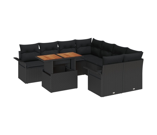 Set de Sofá de Jardín de 9 Piezas con Cojines Negro Ratán Poliéster Acacia