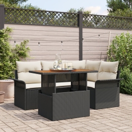 Conjunto de comedor de jardín de 5 piezas con cojines Ratán Negro Acacia