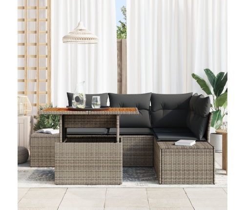 Conjunto de Comedor de Jardín de 5 Piezas con Cojines Gris Ratán Poli Acacia