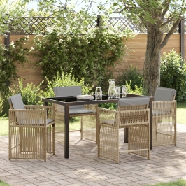 Juego de Comedor de Jardín de 5 Piezas con Cojines Beige Ratán Poliéster