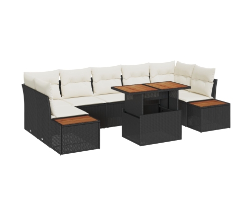 Conjunto de Comedor de Jardín de 8 Piezas con Cojines Negro Ratán Poliéster Acacia