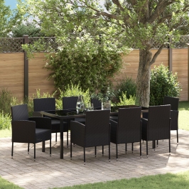 Juego de Comedor de Jardín de 9 Piezas  con Cojines de Ratán Negro