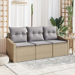 Conjunto de Sofá de Jardín de 3 Piezas con Cojines Beige Ratán Poliéster