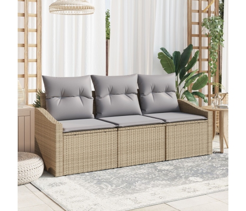 Conjunto de Sofá de Jardín de 3 Piezas con Cojines Beige Ratán Poliéster
