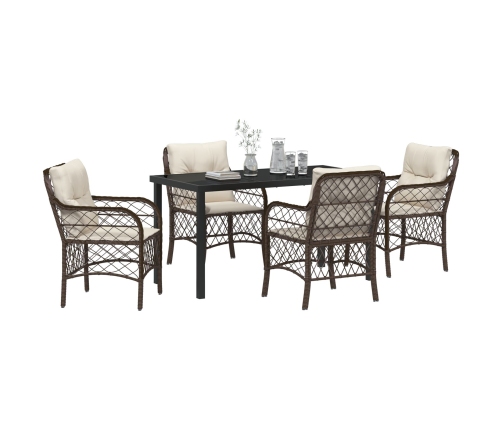 Juego de Comedor de Jardín de 5 Piezas con Cojines Marrón Rattan Poliéster