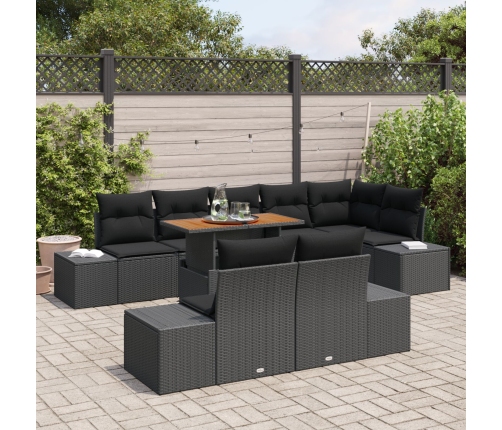Conjunto de Comedor de Jardín de 9 Piezas con Cojines Negro Ratan de Poliéster Acacia