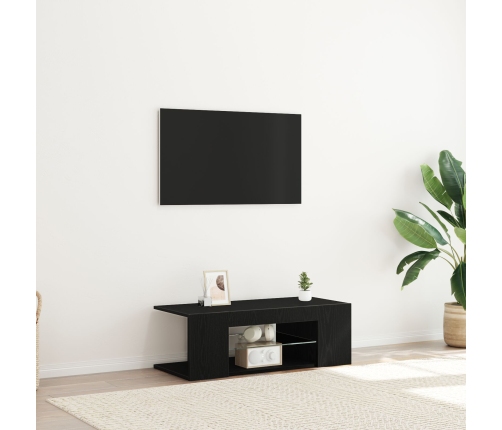 Mueble de TV  con luces LED en roble negro, 90x39x30 cm, de madera elaborada