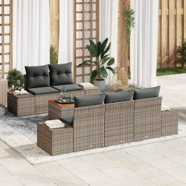 Set de Sofás de Jardín de 6 Piezas con Cojines Gris Ratán Polimérico Acacia