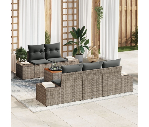 Set de Sofás de Jardín de 6 Piezas con Cojines Gris Ratán Polimérico Acacia