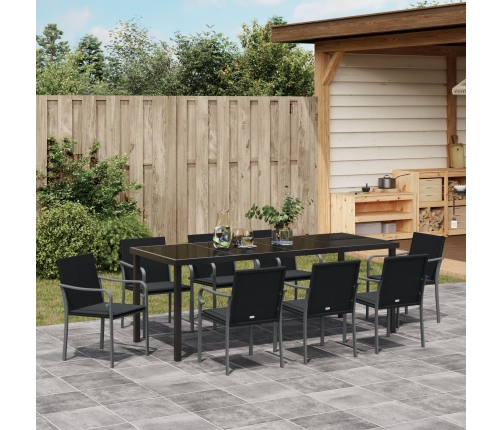 Set de Comedor para Jardín de 9 Piezas con Cojines de Ratan de Poliéster Negro