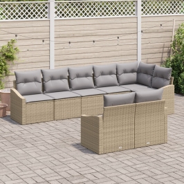 Conjunto de Comedor de Jardín de 8 Piezas con Cojines Beige Poliratán