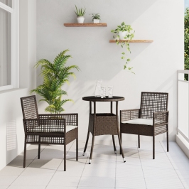 Juego de Comedor de Jardín de 3 Piezas Marrón Ratán Poliéster