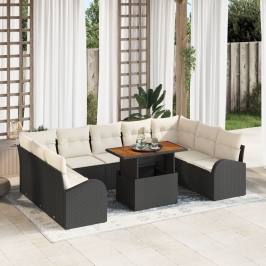 Conjunto de Comedor de Jardín  de 10 Piezas con Cojines Negro Ratán Poli Acacia