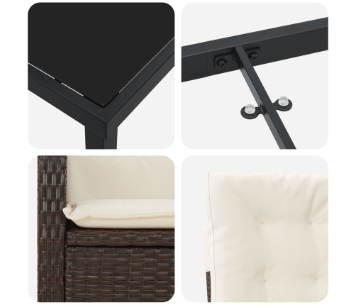 Set de comedor de jardín de 3 piezas con cojines - Rattan polimérico marrón