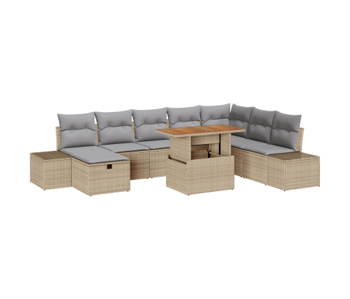 Set de Comedor de Jardín de 9 Piezas con Cojines Beige Ratán Polimérico Acacia