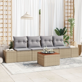 Juego de Sofás de Jardín de 5 Piezas con Cojines Beige de Poliratán Acacia