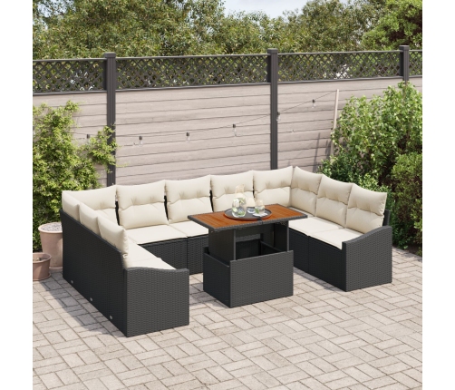 Conjunto de Comedor de Jardín de 10 Piezas con Cojines Negro Poliratán Acacia