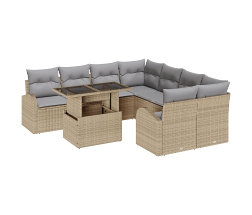 Set de Sofá de Jardín de 9 Piezas con Cojines Beige de Ratán Sintético