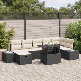 Set de Sofás de Jardín de 8 Piezas con Cojines Ratán Polivalente Negro