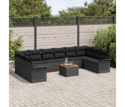Conjunto de Sofás de Jardín de 11 Piezas con Cojines Negro Poliratán Acacia