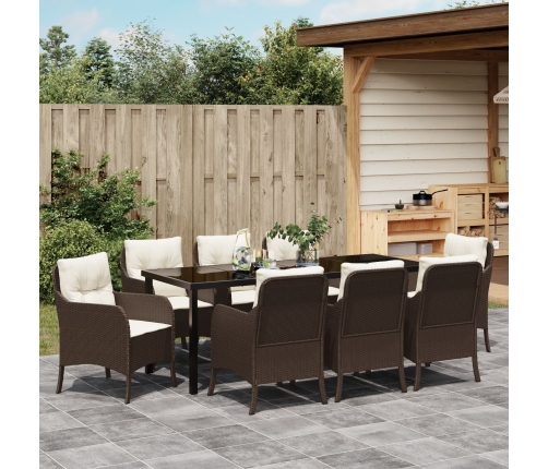 Conjunto de Comedor de Jardín  de 9 Piezas con Cojines Marrón Poliratán