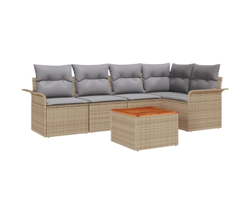 Conjunto de Sofá de Jardín de 6 Piezas con Cojines Beige Poliratán Acacia