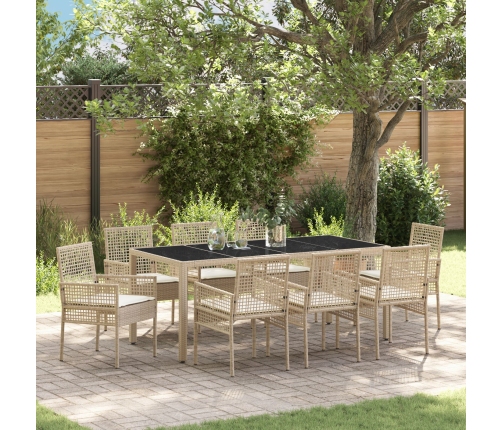 Conjunto de Comedor de Jardín de 9 Piezas con Cojines Beige de Poliratán