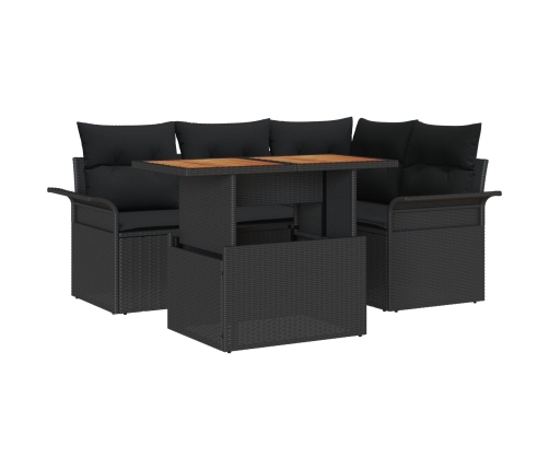 Conjunto de Comedor de Jardín de 5 piezas con cojines Negros de Poliratán y Acacia